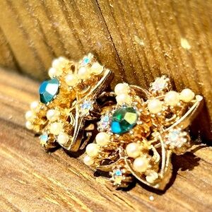 Antique Earrings gold & pearl Blue Rhinestone Clip Ons 1940’s